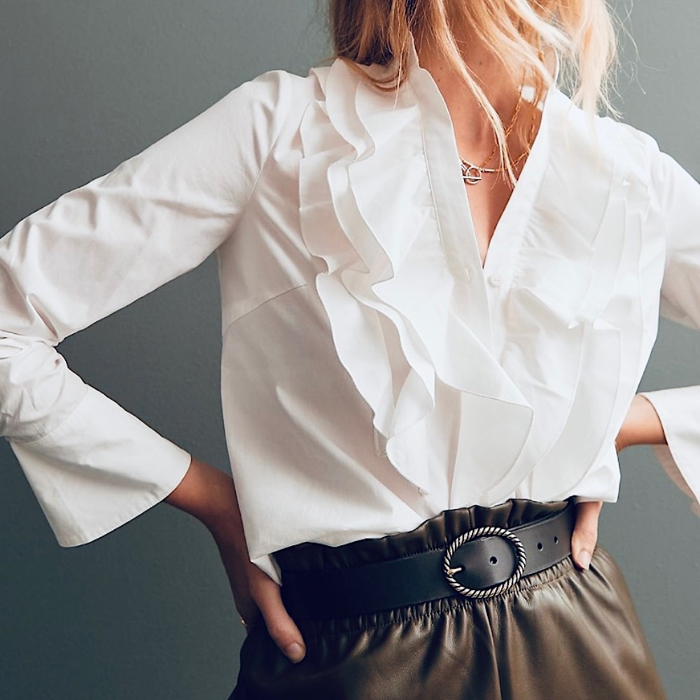 Anthropologie Mare Mare Ruffle Button Down Shirt Classic Tuxedo Minimalist New
